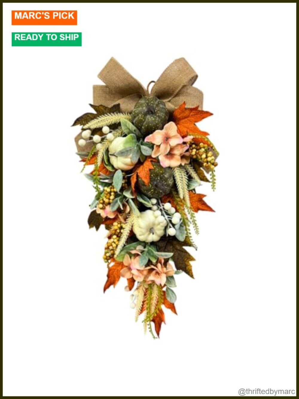 Lighted Fall Teardrop Swag Burlap Bow Timer Battery Operated